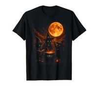 Trois Chats Sorcières Brassage Chaudron Sang Lune Halloween T-Shirt Graphique avec Valeur
