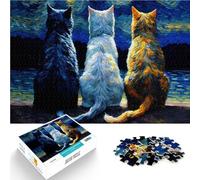 Trois Chats sous la Lune Puzzles 1000 pièces pour Adultes Jeu Familial pour et avec Affiche et Feuille de Questions correspondantes 38x26cm