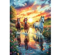 Trois Chevaux au Coucher de Soleil sur Le lac 500 Pieces Casse-tête Créatif en Carton Épais Difficulté Moyenne Activité Manuelle Loisir Créatif Cadeau Créatif Événement Festif Premium 500 PCS
