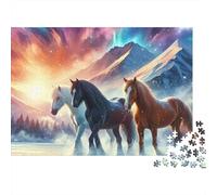 Trois Chevaux Paysage Montagnard Puzzle 1000 Pièces Puzzle pour Adultes Ciel Nocturne Jeu de Puzzle 1000 Pièces Relaxation Interaction Familiale Décoration Cadeau 52x38cm/1000pcs
