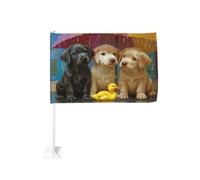 Trois chiots assis sous un parapluie voiture drapeau extérieur fenêtre clip 30 x 45 cm double face décoration de voiture
