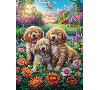 Trois Chiots dans Le Jardin Fleuri 500 Pieces Casse-tête Famille en Carton sans Déformation Haute Qualité Mythes Animal Plante Difficulté Moyenne Activité Familiale Anti-Stress Cadeau 500 PCS