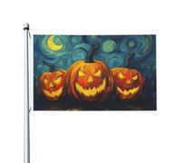 Trois citrouilles avec visages sculptés pour maison de cour, bannière de vœux avec œillets, décoration d'intérieur et d'extérieur