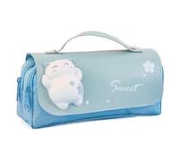 Trois Couches Grande capacité Crayon Sac Papeterie esthétique Transparent Grille Stylo étui Fille Fermeture éclair Pochette Fournitures Scolaires(Blue-B)