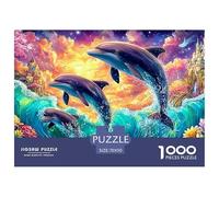 Trois Dauphins, Châteaux et Fleurs dans Les Vagues Puzzle De 1000 Pièces Dolphin Parfait pour Hommes, Femmes, Personnes Âgées Et Seniors 70x50cm/1000pcs