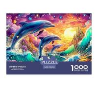 Trois Dauphins, Vagues, Coucher de Soleil & Château de Contes de Fées Puzzle De 1000 Pièces Dolphin Puzzles Classiques pour Enfants Et Adultes 70x50cm/1000pcs