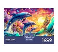 Trois Dauphins, Vagues, Coucher de Soleil & Château de Contes de Fées Puzzle De 1000 Pièces pour Adultes Et Enfants À Partir De 12 Ans Dolphin Jeu De Défi Et De Jeu d'esprit 52x38cm/1000pcs
