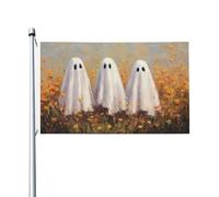 Trois fantômes mignons dans les champs de fleurs sauvages, bannière de vœux de saison de 91 x 152 cm avec œillets, décoration d'intérieur et d'extérieur