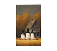 Trois fantômes mignons noirs chapeaux maison arbres cour maison drapeaux 9,1 x 1,5 m bannière de vœux saison avec œillets décoration intérieure extérieure fête maison
