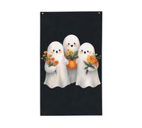 Trois fantômes souriants tenant des fleurs, drapeaux de cour, maison, bannière de vœux avec œillets, décoration d'intérieur et d'extérieur