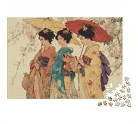 Trois Femmes japonaises en Kimono, entourées de Fleurs et Tenant Une ombrelle 38x26cm/1000pcs Puzzle pour Adultes -,Jouet De DIY