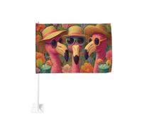 Trois flamants roses portant des chapeaux de lunettes de soleil drapeau de voiture extérieur clip fenêtre extérieure 30 x 45 cm décoration de voiture double face