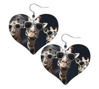 Trois girafes portant des lunettes de soleil Boucles d'oreilles en cuir pour femme Boucles d'oreilles en forme de cœur Boucles d'oreilles pendantes légères Bijoux Cadeaux