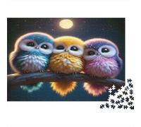 Trois hiboux Mignons Puzzle 1000 Pièces en Papier pour Adultes Scène de Nuit Vue de Lune Jeu de Puzzle en Famille Détente 70x50cm/1000pcs