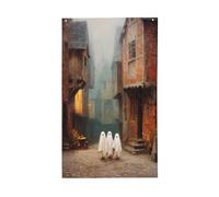 Trois jolis petits fantômes dans la vieille ville, cour, maison, drapeaux, bannière de vœux de saison avec œillets, décoration d'intérieur ou d'extérieur