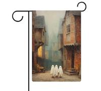 Trois jolis petits fantômes dans la vieille ville drapeau de jardin saisonnier vacances toile de jute double face maison cour drapeaux extérieurs 30,5 x 45,7 cm
