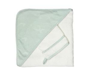 Trois Kilos Sept - Cape de Bain Bébé 70x70cm avec Capuche et Gant, Éponge 100% Coton, Motif Vagues, Ultra Douce et Absorbante, Dès la Naissance