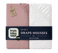 Trois Kilos Sept - Drap Housse Bébé - 100% Coton Jersey Extensible - Doux & Confortable - Bords Elastiqués - Label Oeko-TEX® Standard 100 - Blanc & Rose Poudré - 70x140 cm - Lot de 2