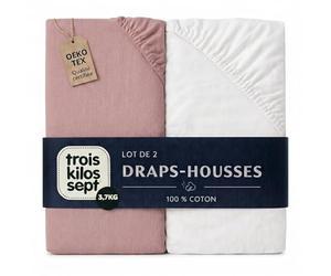 Trois Kilos Sept - Drap Housse Bébé - 100% Coton Jersey Extensible - Doux & Confortable - Bords Elastiqués - Label Oeko-TEX® Standard 100 - Blanc & Rose Poudré - 70x140 cm - Lot de 2