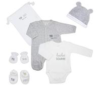 Trois Kilos Sept - Kit Naissance Bébé - 6 Pièces - Velours - Ensemble Unisexe Gris avec Pyjama, Body, Bonnet Ourson, Chaussons et Moufles - Sac de Rangement Inclus - Mini Nous - 0 Mois