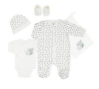 Trois Kilos Sept - Kit Naissance Leo - 5 Pièces - 0 Mois - Velours Blanc - Motif Leopard (Chaussons Naissance, Pyjama, Body, Bonnet et Sac de Rangement)