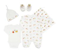 Trois Kilos Sept - Kit Naissance Pommes - 5 Pièces - Velours Blanc - Motif Pommes (Chaussons Naissance, Pyjama, Body, Bonnet et Sac de Rangement) - 1 Mois