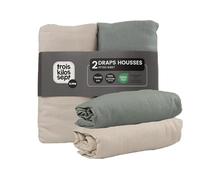 Trois Kilos Sept - Lot de 2 Draps Housses Bébé - 100% Coton - Revers Élastiqués - Respirant - Certifié Oeko-TEX® Standard 100 - Beige Sable & Vert Argile - 70x140 cm