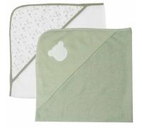 Trois Kilos Sept, Lot de 2 Sorties de Bain Bébé 70x70cm, en Eponge Douce, avec Capuche, Ourson & Fleurs Vert Olive, Naissance