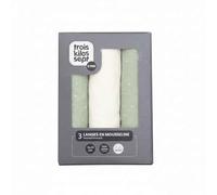 Trois Kilos Sept, Lot de 3 Langes Bébé 70x70 cm, Mousseline 100% Coton, Motifs Graphiques Vert Olive, Doux et Multi-Usages, Lavables en Machine