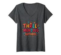 Trois mendous Birthday Boy 3 Célébration T-Shirt avec Col en V, Femme, Chiné Foncé, XXL