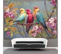 Trois oiseaux exotiques perchés sur les branches des cerisiers en fleurs Décorations Tapisserie Tenture Murale Impression 3D Couverture Murale Affiche Pour Salon Chambre Dortoir Décor 130cmx150cm