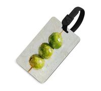 Trois olives vertes sur un cure-dents en bois Étiquette à bagages Sac de voyage Valise Bagages Étiquettes Nom