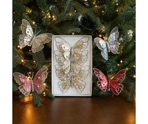 Trois pendentifs papillon avec paillettes et texture en maille réaliste pour décoration intérieure multi-surfaces et configuration thématique (B-rose)