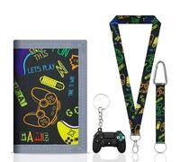 Trois Plis Toile Gamepad Pattern Portefeuille Et Porte - CléS De Console De Jeu Noir Avec Cordon De Serrage, Fermeture à GlissièRe, NoëL, Graduation Season, Cadeau D'Anniversaire, Convient Aux GarçOns