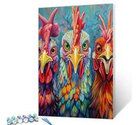 Trois poules aux couleurs vives avec de très grands yeux - Peinture par numéro pour adultes débutants - Dessin numérique amusant d'animaux de la ferme - Décoration murale - Cadeau - 40,6 x 50,8 cm