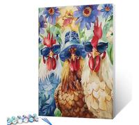 Trois poules portant des lunettes de soleil et des chapeaux - Peinture par numéro pour adultes débutants - Motif de poules rustiques - Dessin numérique amusant - Décoration murale - Cadeau - 40,6 x