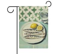 Trois sardines sur assiette drapeau de jardin saisonnier vacances toile de jute double face maison cour drapeaux extérieurs 30,5 x 45,7 cm