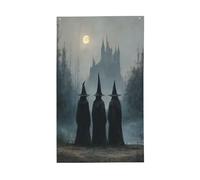 Trois sorcières château gothique ancien drapeau de maison de cour, bannière de vœux de saison avec œillets, décoration d'intérieur ou d'extérieur