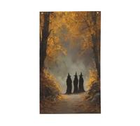 Trois sorcières dans des peignoirs de cour et de maison, bannière de vœux avec œillets, décoration d'intérieur ou d'extérieur