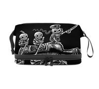 Trois squelettes de marins flottent sur un bateau, trousse de maquillage double couche pour femmes et filles, trousse de toilette de voyage, trousse de maquillage pratique avec compartiment à brosse,