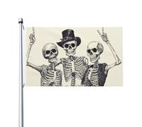 Trois squelettes drôles de maison de cour, bannière de vœux avec œillets, décoration d'intérieur ou d'extérieur