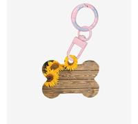 Trois tournesols sur bois en acrylique avec impression en forme d'os pour chien, plaque d'identification personnalisée pour animal de compagnie, porte-clés en forme d'os