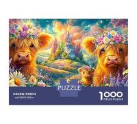 Trois Vaches avec des couronnes de Fleurs Puzzle De 1000 Pièces Mignonne Vache Highland Puzzles Classiques pour Enfants Et Adultes 52x38cm/1000pcs