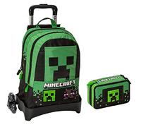 Trolley Sac à dos amovible compatible avec Minecraft Vert + Trousse complète 3 étages + Hommage 7 stylos effaçables et porte-clés jeu cube et stylo multicolore