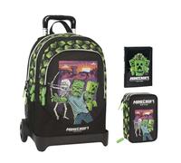 Trolley Sac à dos scolaire amovible compatible avec Minecraft pour enfants + trousse 3 étages avec papeterie + agenda 2025/2026 + 7 stylos effaçables et porte-clé sifflet