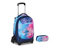 Trolley Schoola Seven 3 roues - Stitch Cute And Fluffy câlin - 3 en 1, triple usage, école primaire fille + trousse zip ovale + agenda 2025/2025 + 7 stylos effaçables et porte-clé pailettes