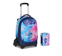 Trolley scolaire Seven 3 roues - Stitch Cute And Fluffy - 3 en 1, triple utilisation, école primaire fille + trousse 3 étages papeterie + 7 stylos effaçables et porte-clé pailettes