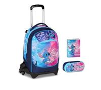 Trolley scolaire Seven 3 roues - Stitch Cute And Fluffy - 3 en 1, triple utilisation, école primaire fille + trousse zip ovale + agenda 2025/2025 + 7 stylos effaçables et porte-clé à palettes