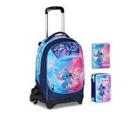 Trolley scolaire Seven 3 roues - Stitch Cute And Fluffy - 3 en 1, triple utilisation, école primaire fille + trousse 3 étages papeterie + agenda 2025/2025 + 7 stylos effaçables et porte-clé à palettes