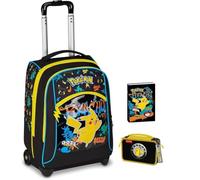 Trolley Seven Sac à dos compatible avec Pokemon noir pour l'école primaire enfants + trousse 3 étages + agenda + set d'écriture